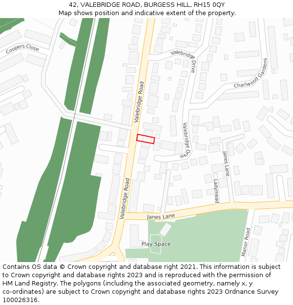 42, VALEBRIDGE ROAD, BURGESS HILL, RH15 0QY: Location map and indicative extent of plot