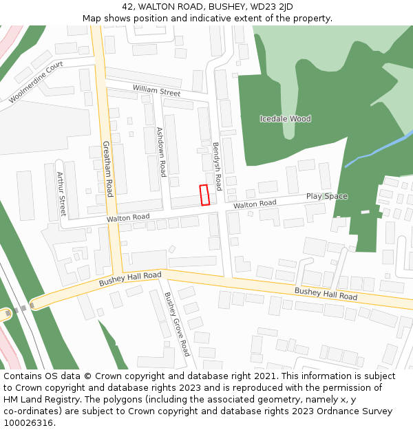 42, WALTON ROAD, BUSHEY, WD23 2JD: Location map and indicative extent of plot