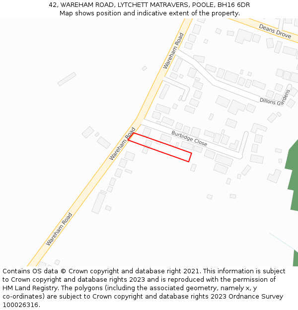 42, WAREHAM ROAD, LYTCHETT MATRAVERS, POOLE, BH16 6DR: Location map and indicative extent of plot