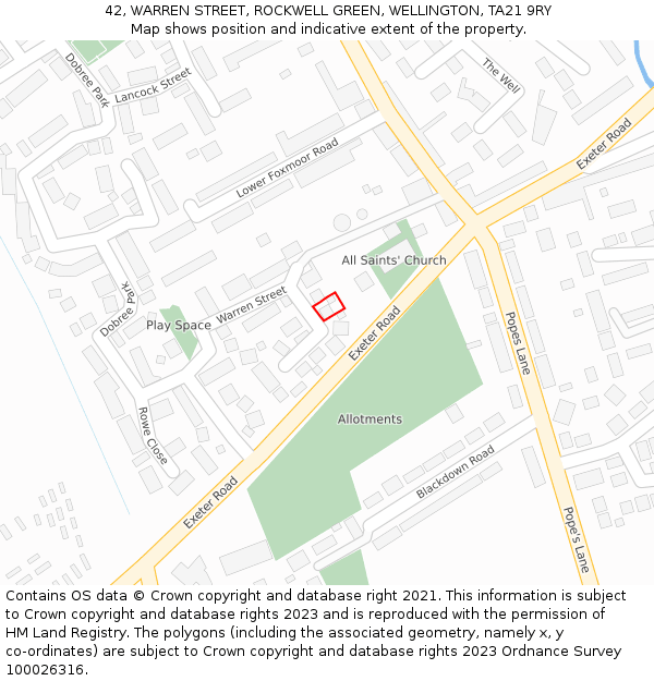 42, WARREN STREET, ROCKWELL GREEN, WELLINGTON, TA21 9RY: Location map and indicative extent of plot