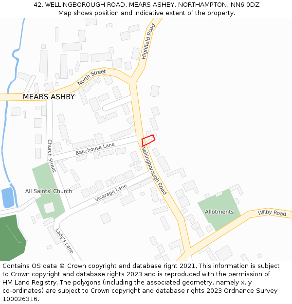 42, WELLINGBOROUGH ROAD, MEARS ASHBY, NORTHAMPTON, NN6 0DZ: Location map and indicative extent of plot