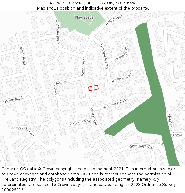 42, WEST CRAYKE, BRIDLINGTON, YO16 6XW: Location map and indicative extent of plot