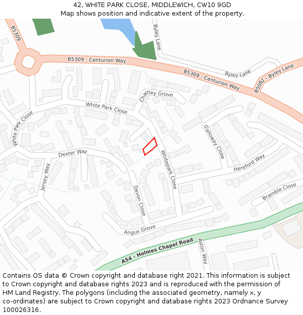 42, WHITE PARK CLOSE, MIDDLEWICH, CW10 9GD: Location map and indicative extent of plot