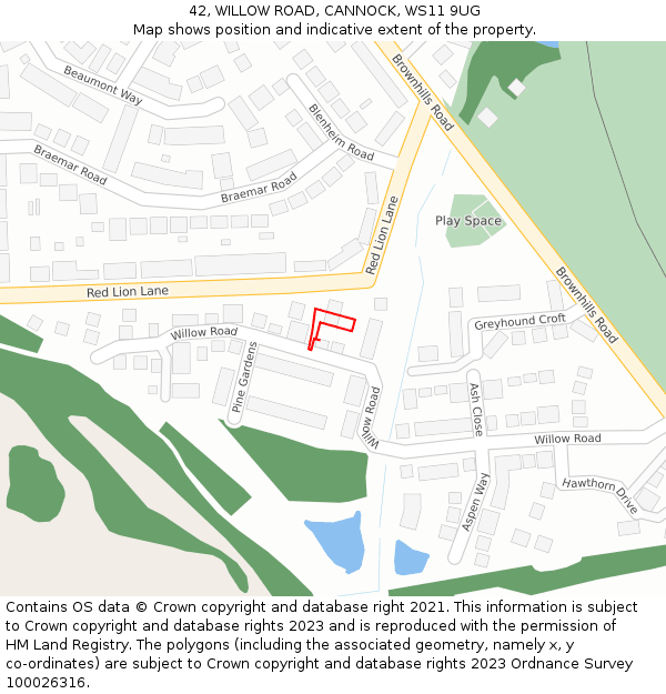 42, WILLOW ROAD, CANNOCK, WS11 9UG: Location map and indicative extent of plot