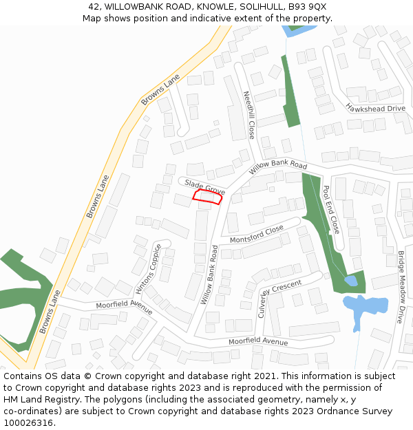 42, WILLOWBANK ROAD, KNOWLE, SOLIHULL, B93 9QX: Location map and indicative extent of plot