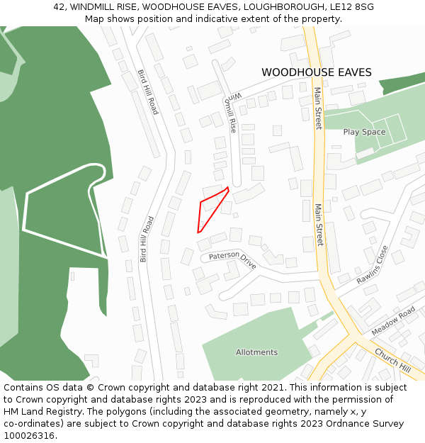 42, WINDMILL RISE, WOODHOUSE EAVES, LOUGHBOROUGH, LE12 8SG: Location map and indicative extent of plot