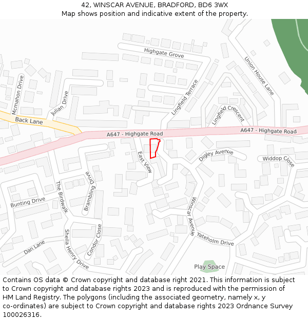 42, WINSCAR AVENUE, BRADFORD, BD6 3WX: Location map and indicative extent of plot