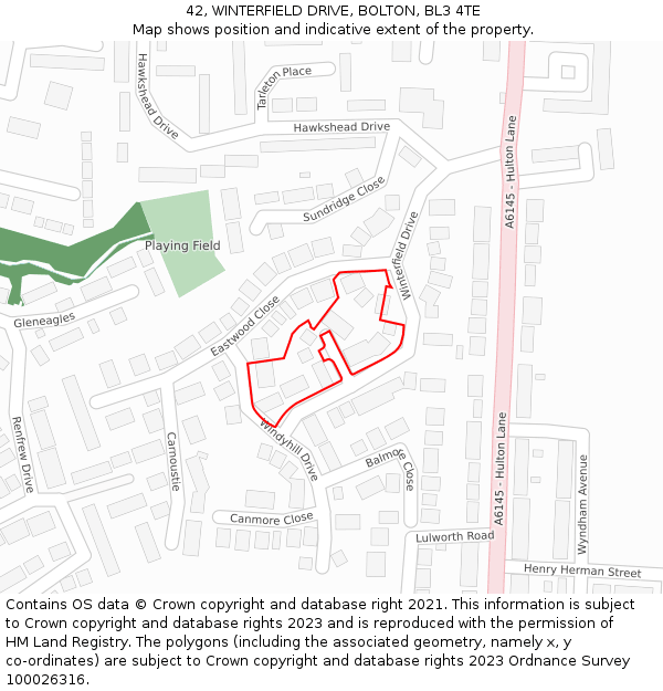 42, WINTERFIELD DRIVE, BOLTON, BL3 4TE: Location map and indicative extent of plot