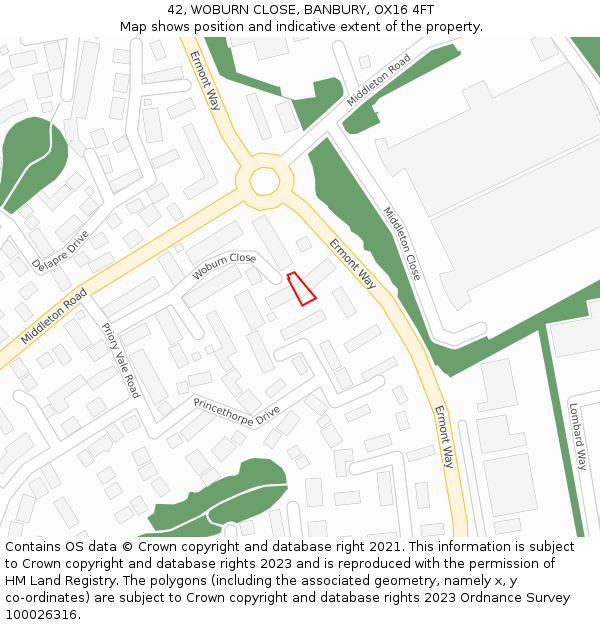 42, WOBURN CLOSE, BANBURY, OX16 4FT: Location map and indicative extent of plot