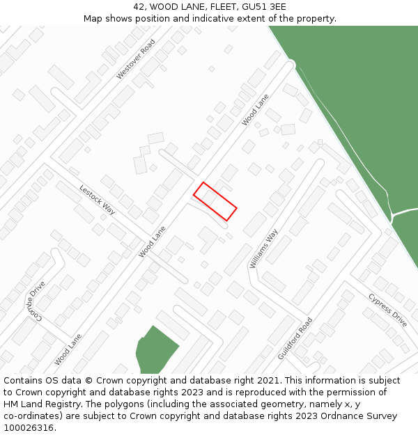 42, WOOD LANE, FLEET, GU51 3EE: Location map and indicative extent of plot