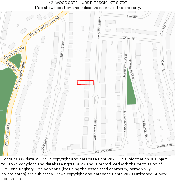 42, WOODCOTE HURST, EPSOM, KT18 7DT: Location map and indicative extent of plot