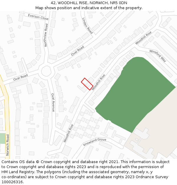 42, WOODHILL RISE, NORWICH, NR5 0DN: Location map and indicative extent of plot