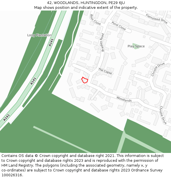 42, WOODLANDS, HUNTINGDON, PE29 6JU: Location map and indicative extent of plot