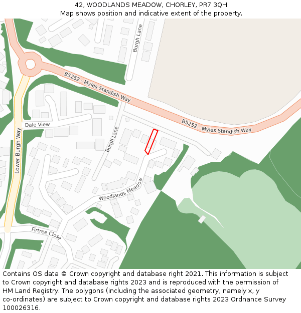 42, WOODLANDS MEADOW, CHORLEY, PR7 3QH: Location map and indicative extent of plot