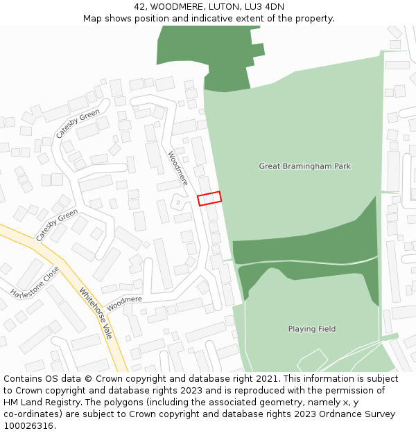 42, WOODMERE, LUTON, LU3 4DN: Location map and indicative extent of plot