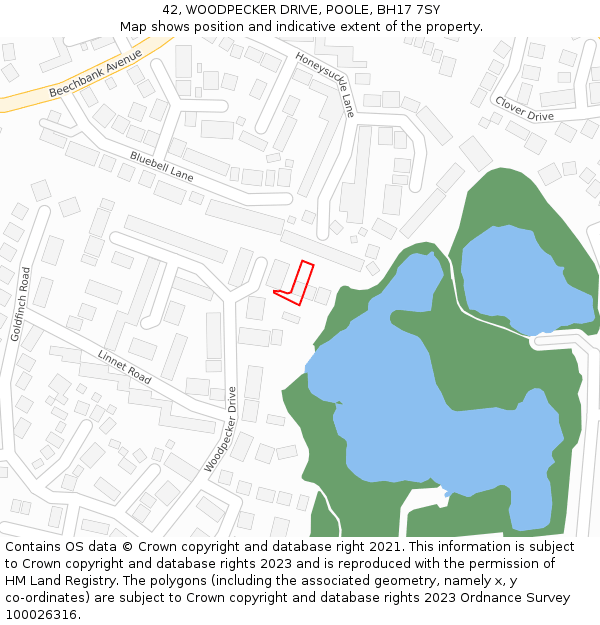 42, WOODPECKER DRIVE, POOLE, BH17 7SY: Location map and indicative extent of plot