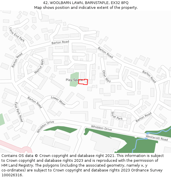 42, WOOLBARN LAWN, BARNSTAPLE, EX32 8PQ: Location map and indicative extent of plot