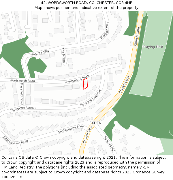 42, WORDSWORTH ROAD, COLCHESTER, CO3 4HR: Location map and indicative extent of plot