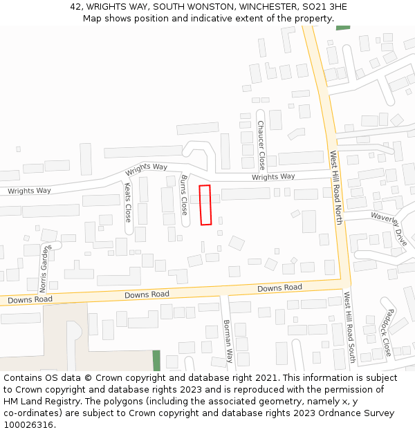 42, WRIGHTS WAY, SOUTH WONSTON, WINCHESTER, SO21 3HE: Location map and indicative extent of plot