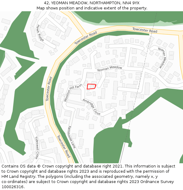 42, YEOMAN MEADOW, NORTHAMPTON, NN4 9YX: Location map and indicative extent of plot