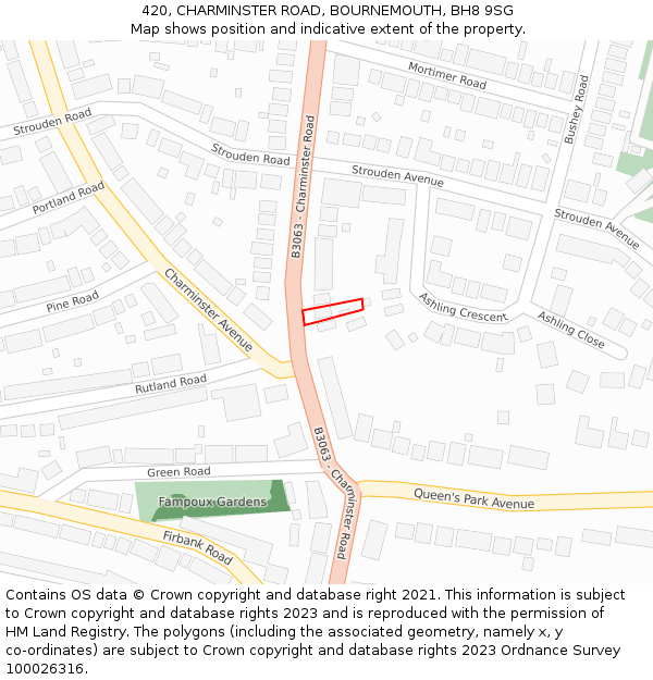 420, CHARMINSTER ROAD, BOURNEMOUTH, BH8 9SG: Location map and indicative extent of plot