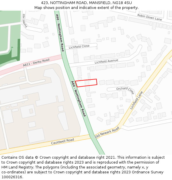 423, NOTTINGHAM ROAD, MANSFIELD, NG18 4SU: Location map and indicative extent of plot