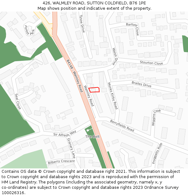 426, WALMLEY ROAD, SUTTON COLDFIELD, B76 1PE: Location map and indicative extent of plot