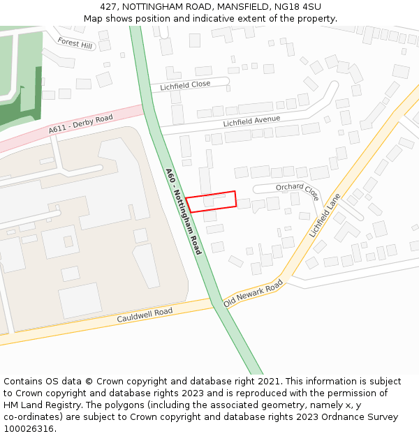427, NOTTINGHAM ROAD, MANSFIELD, NG18 4SU: Location map and indicative extent of plot