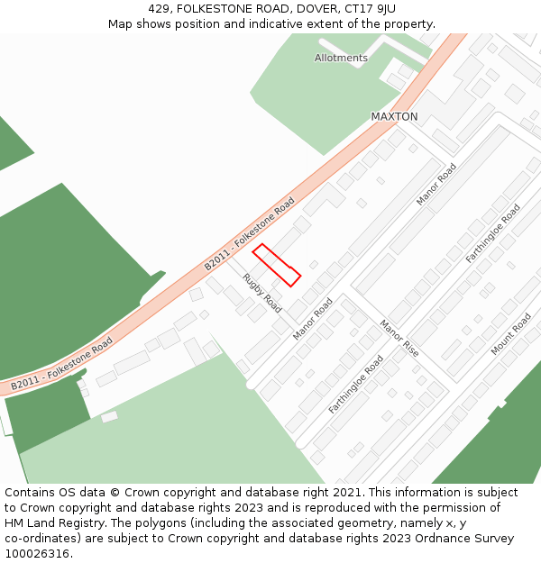 429, FOLKESTONE ROAD, DOVER, CT17 9JU: Location map and indicative extent of plot