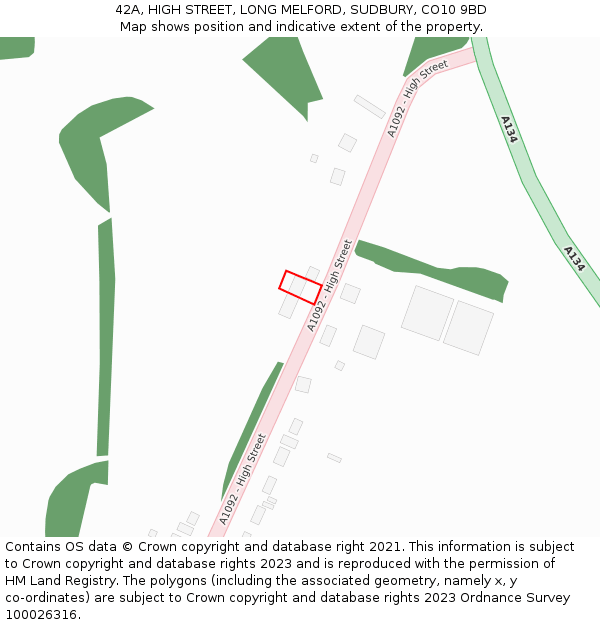 42A, HIGH STREET, LONG MELFORD, SUDBURY, CO10 9BD: Location map and indicative extent of plot