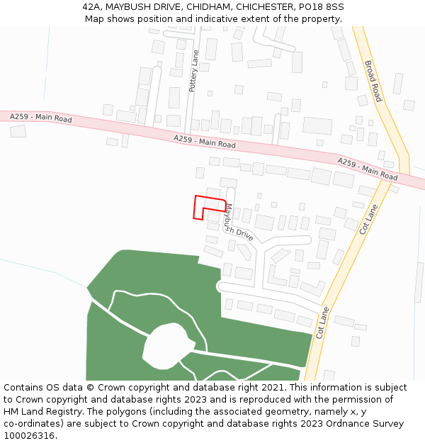 42A, MAYBUSH DRIVE, CHIDHAM, CHICHESTER, PO18 8SS: Location map and indicative extent of plot