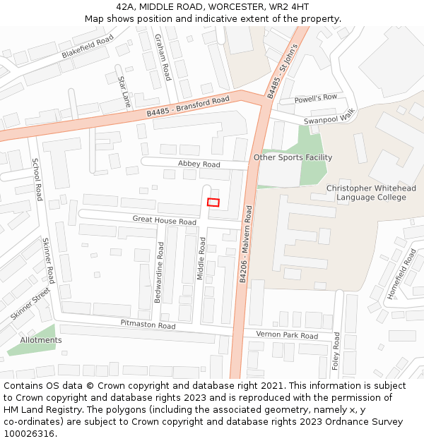 42A, MIDDLE ROAD, WORCESTER, WR2 4HT: Location map and indicative extent of plot