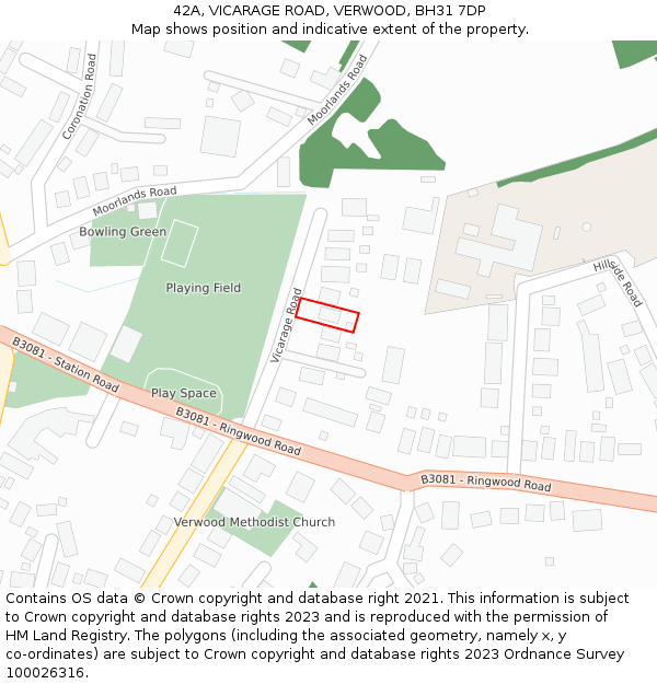 42A, VICARAGE ROAD, VERWOOD, BH31 7DP: Location map and indicative extent of plot