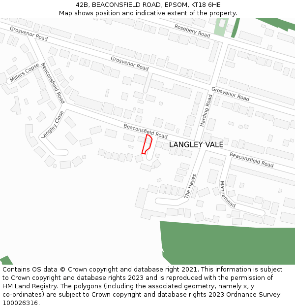 42B, BEACONSFIELD ROAD, EPSOM, KT18 6HE: Location map and indicative extent of plot