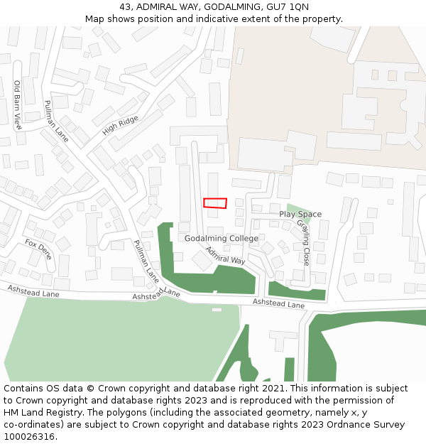 43, ADMIRAL WAY, GODALMING, GU7 1QN: Location map and indicative extent of plot