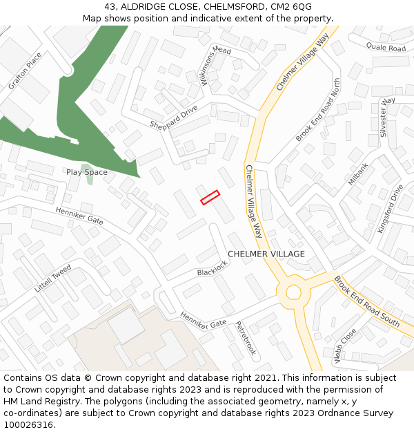 43, ALDRIDGE CLOSE, CHELMSFORD, CM2 6QG: Location map and indicative extent of plot