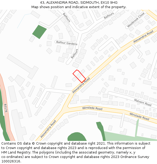 43, ALEXANDRIA ROAD, SIDMOUTH, EX10 9HG: Location map and indicative extent of plot