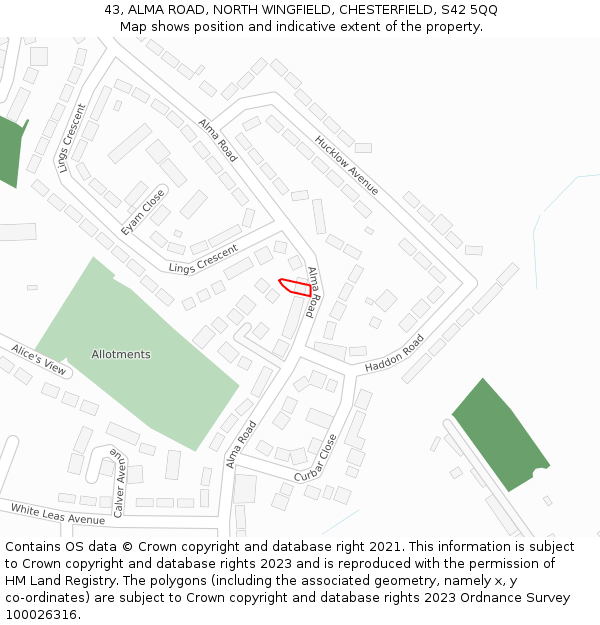 43, ALMA ROAD, NORTH WINGFIELD, CHESTERFIELD, S42 5QQ: Location map and indicative extent of plot