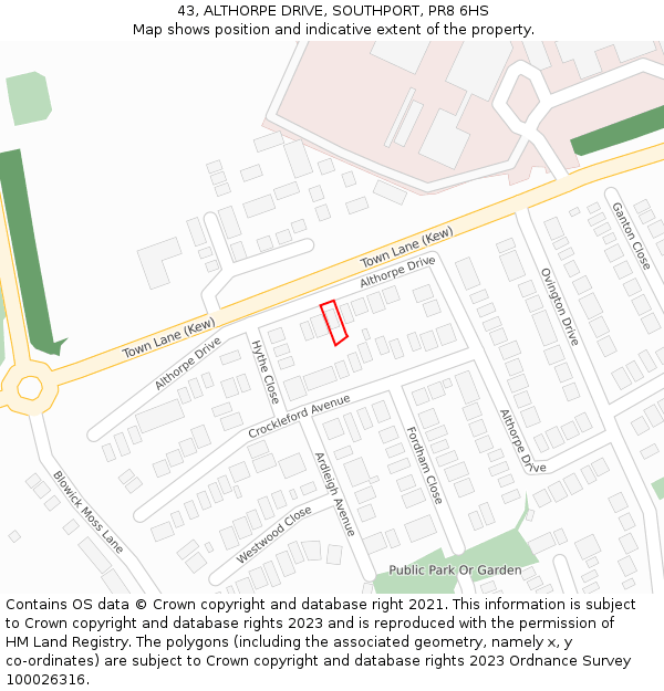 43, ALTHORPE DRIVE, SOUTHPORT, PR8 6HS: Location map and indicative extent of plot