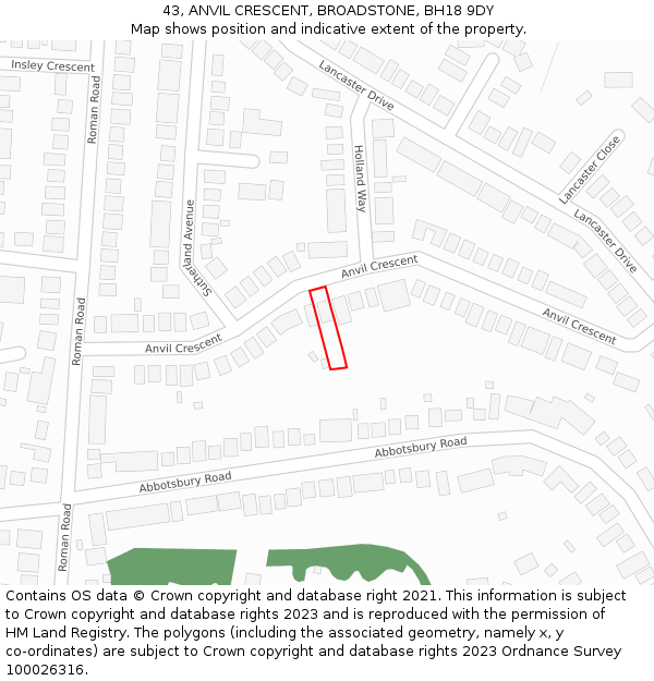 43, ANVIL CRESCENT, BROADSTONE, BH18 9DY: Location map and indicative extent of plot