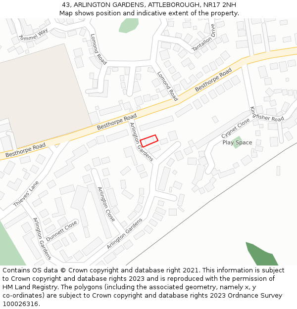 43, ARLINGTON GARDENS, ATTLEBOROUGH, NR17 2NH: Location map and indicative extent of plot