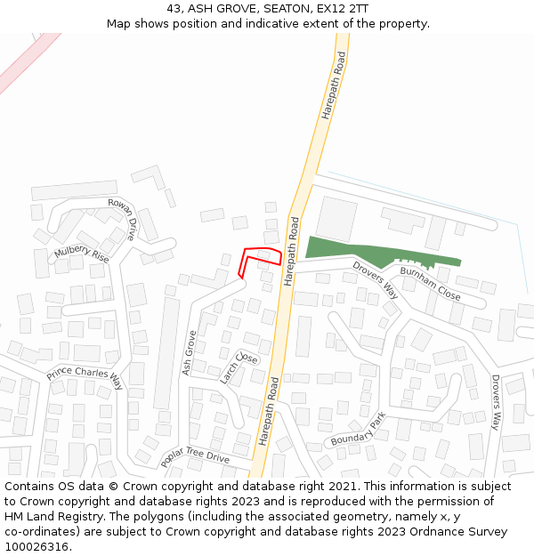 43, ASH GROVE, SEATON, EX12 2TT: Location map and indicative extent of plot