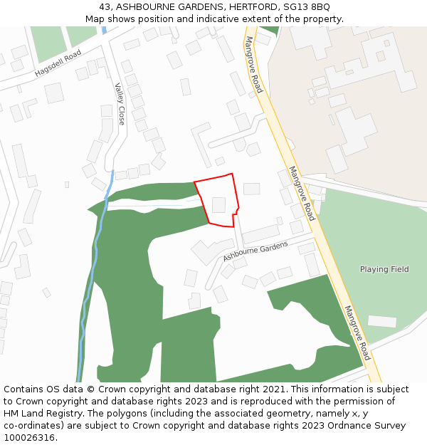 43, ASHBOURNE GARDENS, HERTFORD, SG13 8BQ: Location map and indicative extent of plot