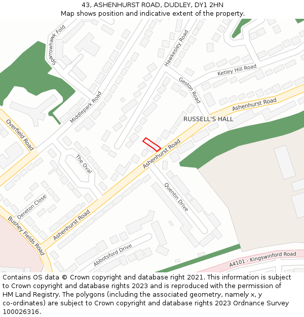 43, ASHENHURST ROAD, DUDLEY, DY1 2HN: Location map and indicative extent of plot