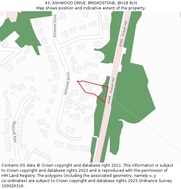 43, ASHWOOD DRIVE, BROADSTONE, BH18 8LN: Location map and indicative extent of plot