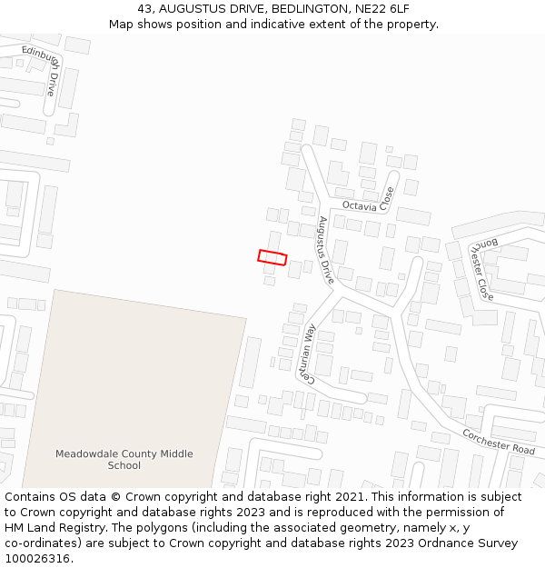 43, AUGUSTUS DRIVE, BEDLINGTON, NE22 6LF: Location map and indicative extent of plot