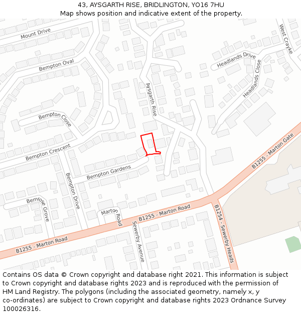 43, AYSGARTH RISE, BRIDLINGTON, YO16 7HU: Location map and indicative extent of plot