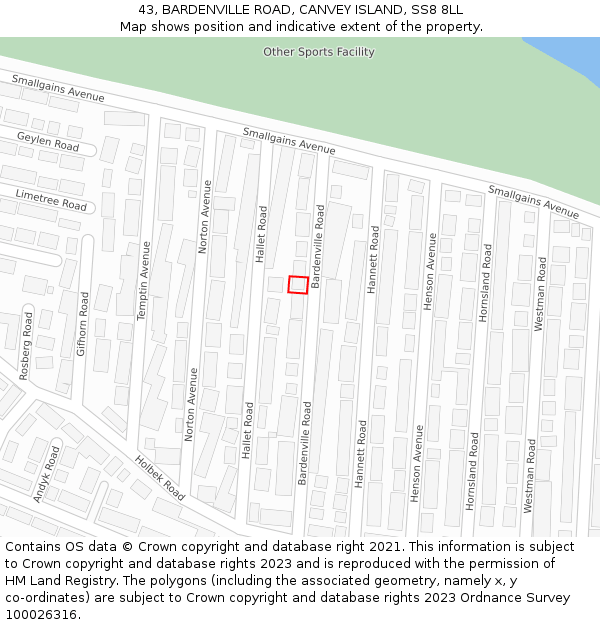 43, BARDENVILLE ROAD, CANVEY ISLAND, SS8 8LL: Location map and indicative extent of plot