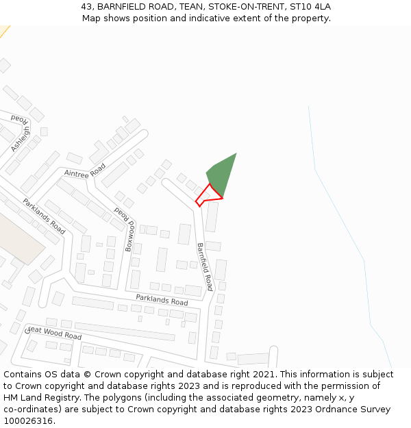 43, BARNFIELD ROAD, TEAN, STOKE-ON-TRENT, ST10 4LA: Location map and indicative extent of plot