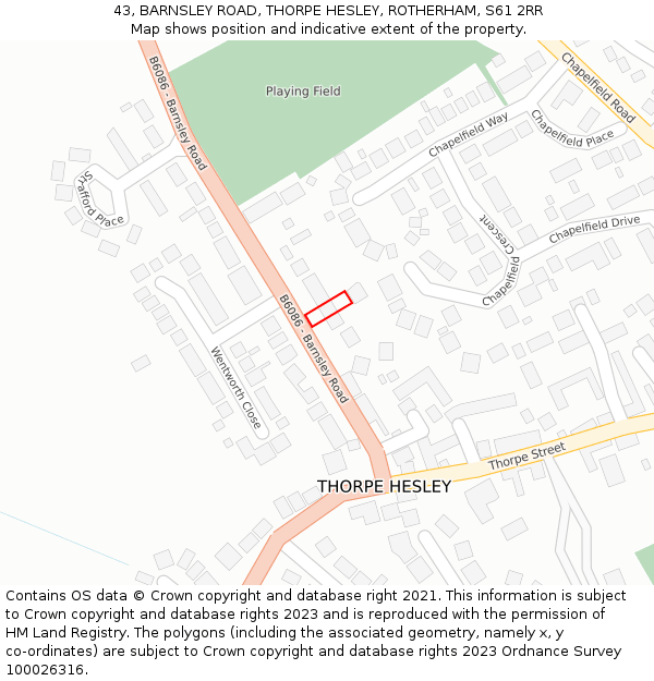 43, BARNSLEY ROAD, THORPE HESLEY, ROTHERHAM, S61 2RR: Location map and indicative extent of plot